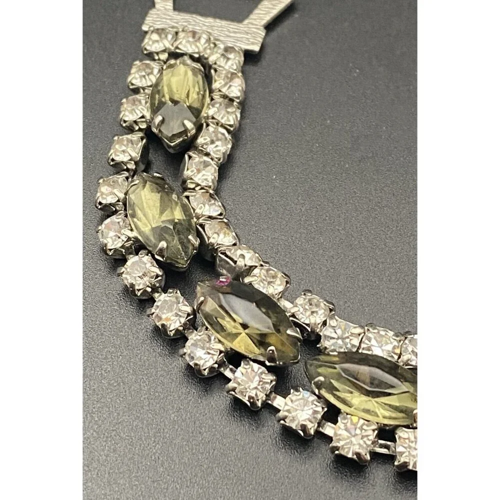 Rhinestone Bracelet Fancy All Prong Set Glass Stone Smokey Green Vintage Retro - Picture 4 of 9